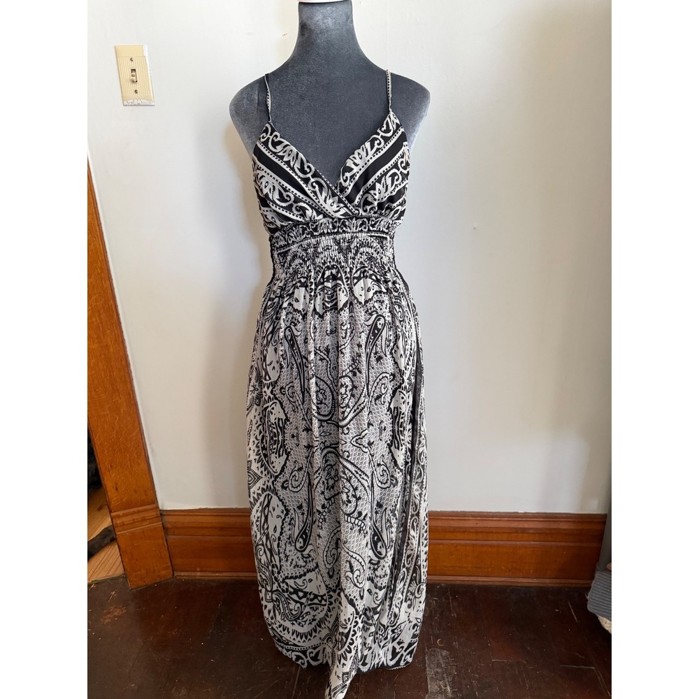 Y2k Black White Paisley Chiffon Smocked Maxi Dress Size M Boho hippie Strappy